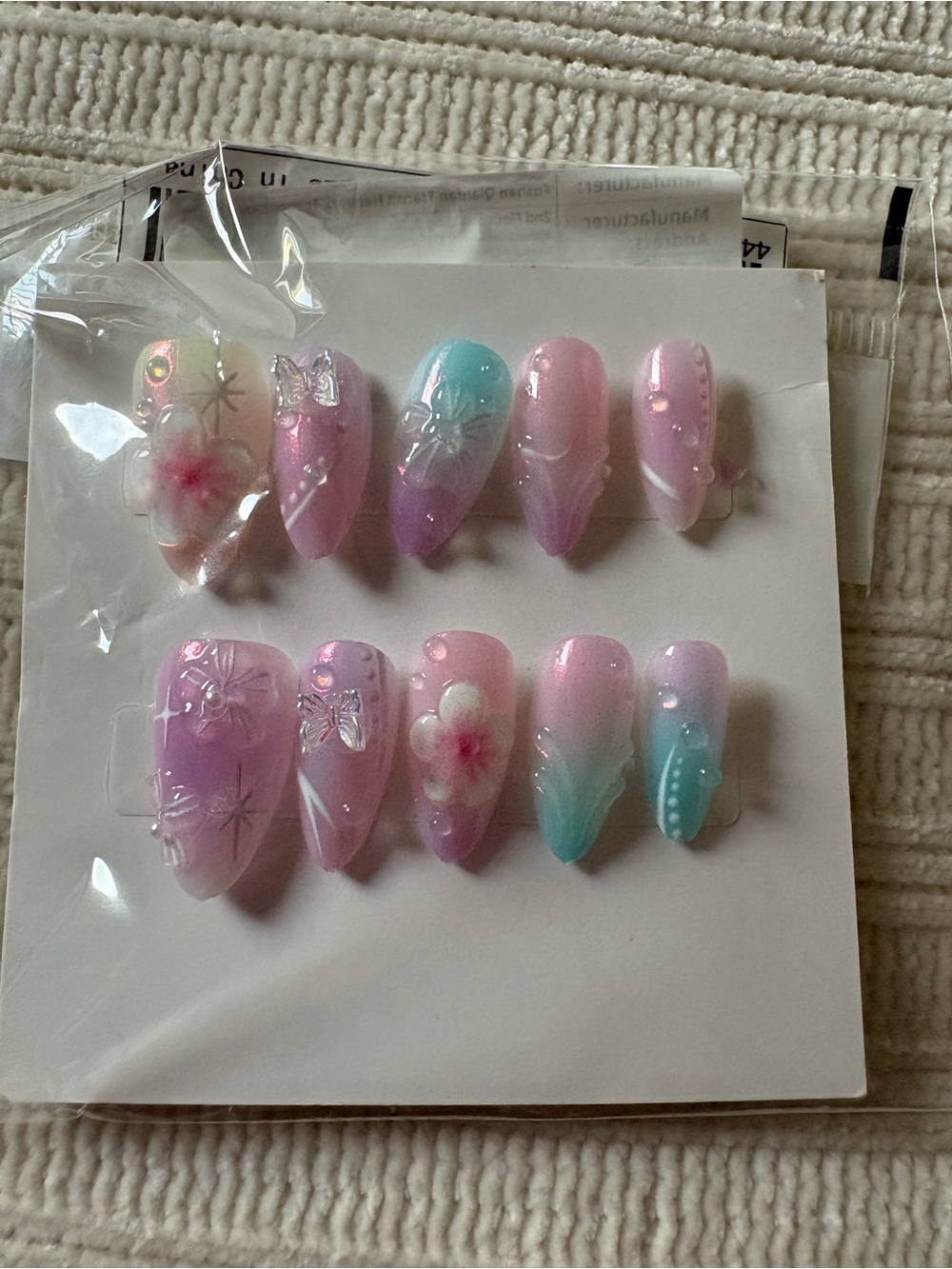 3D Pastel Floral Press-On Nails - Pink & Aqua Size Medium